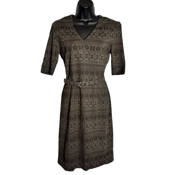 W by Worth Dresses & Skirts - W By Worth Artsy Brown Patterned V-Neck Belted Dress Size 2